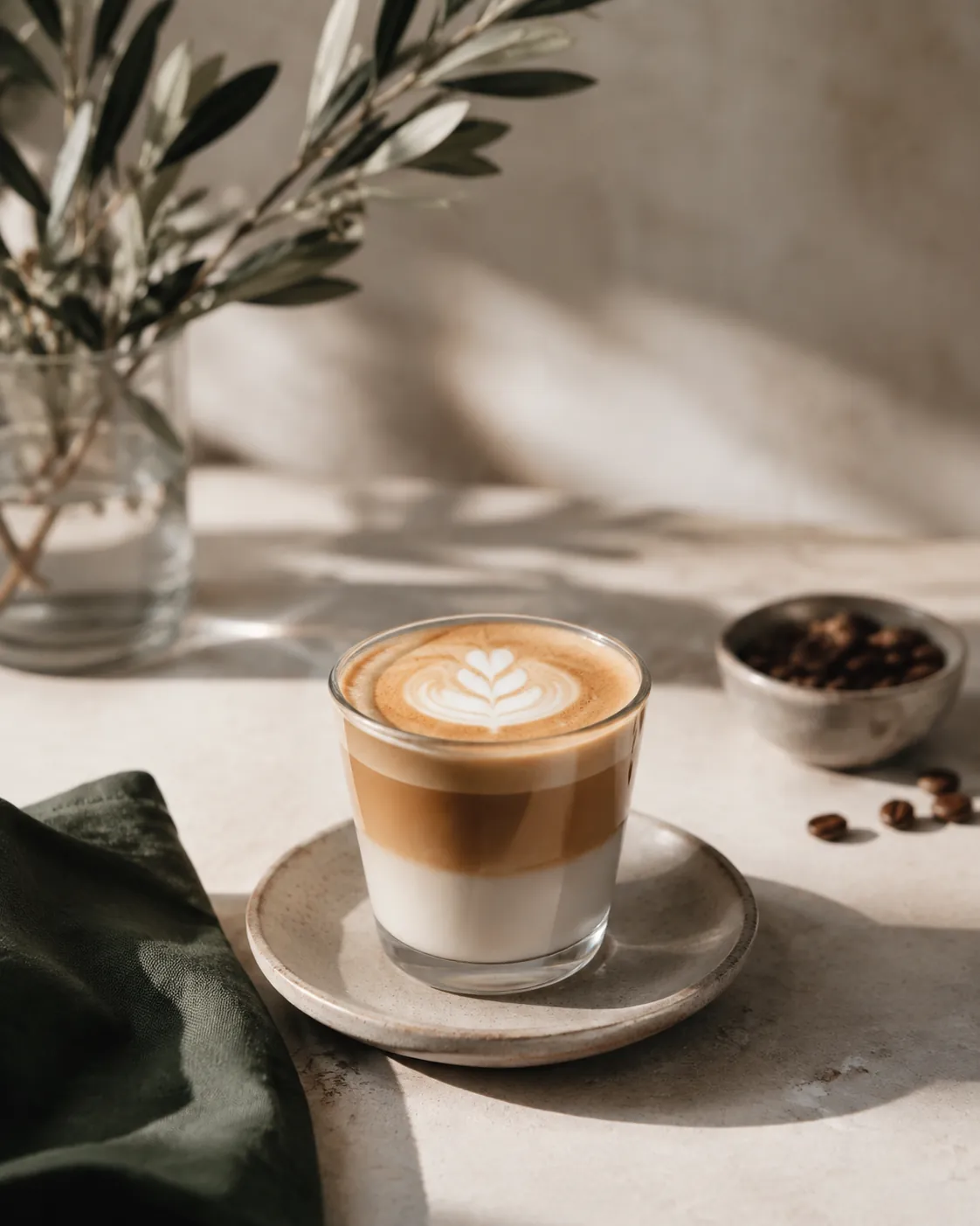 A cortado in a small glass with a clear line between coffee and milk
