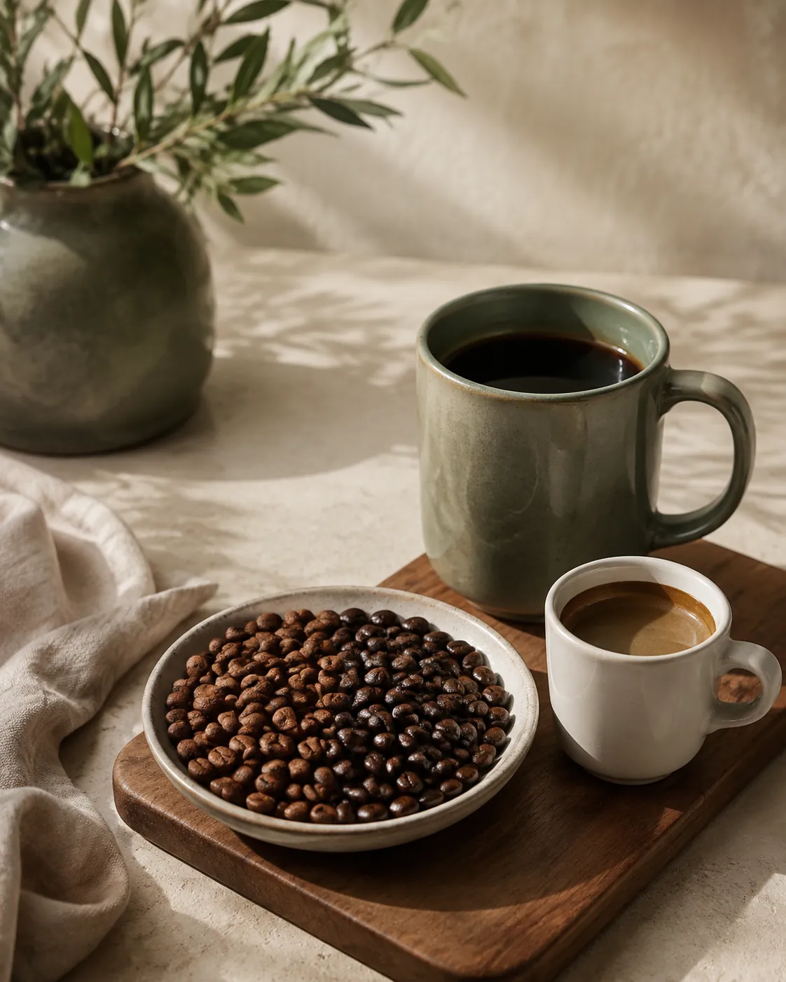 A shallow dish of roasted coffee beans mixed from two batches, beside a small espresso cup and a large mug of brewed coffee
