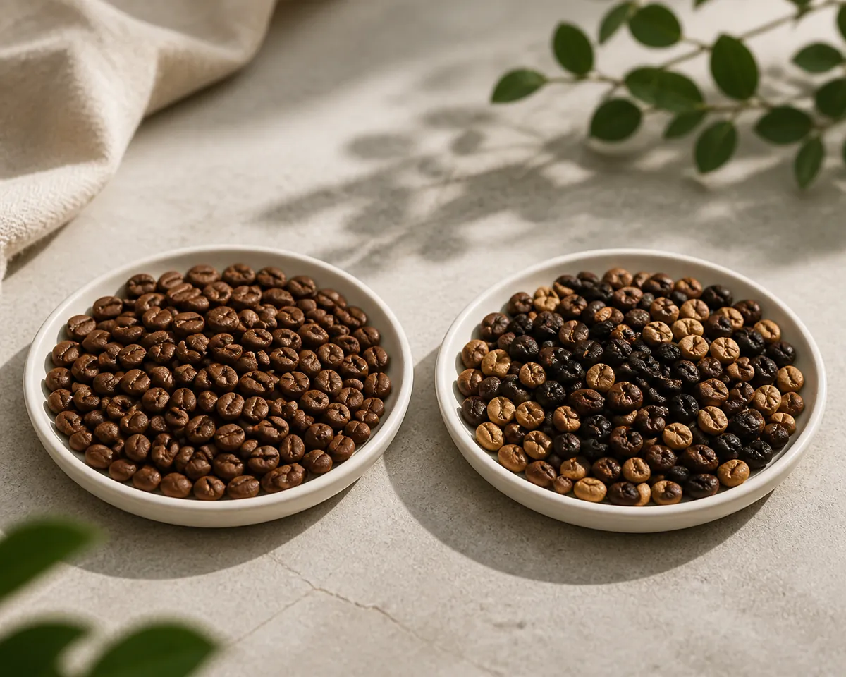 Two dishes of roasted coffee beans side by side, the left evenly mid-brown and the right patchy with scorched near-black beans among paler ones