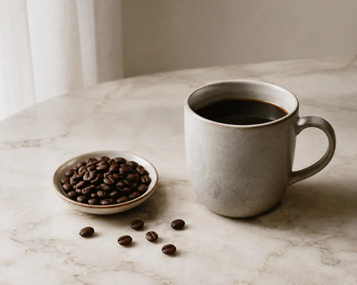 Roasted decaf coffee beans in a small dish beside a mug of black coffee