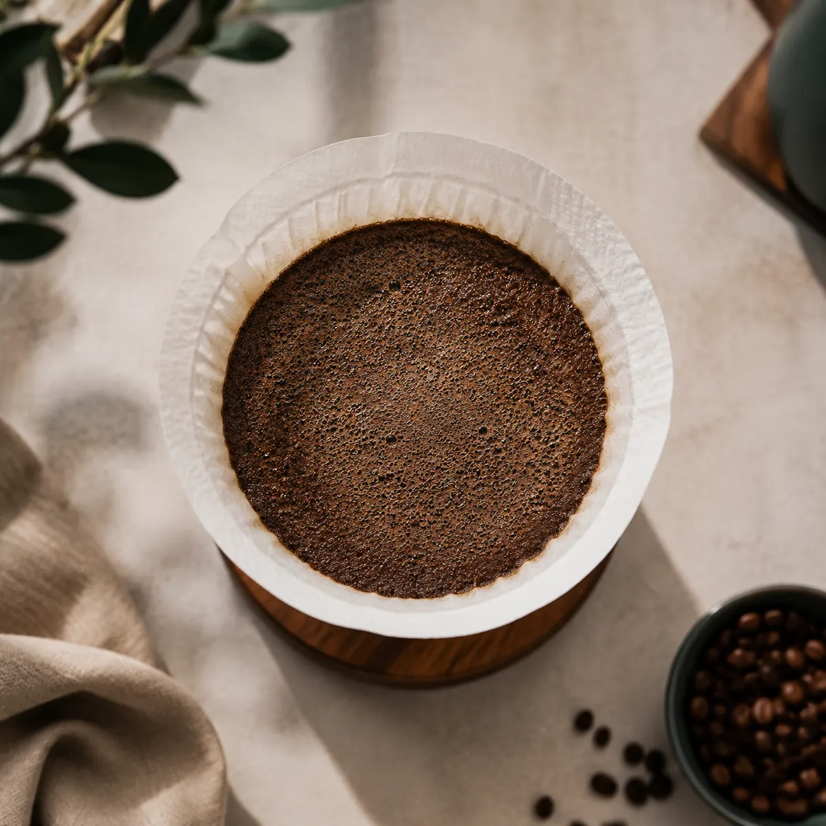 Looking straight down into a flat-bottomed paper filter of evenly wetted coffee grounds, the surface level and uniformly dark with a fine crust of bubbles