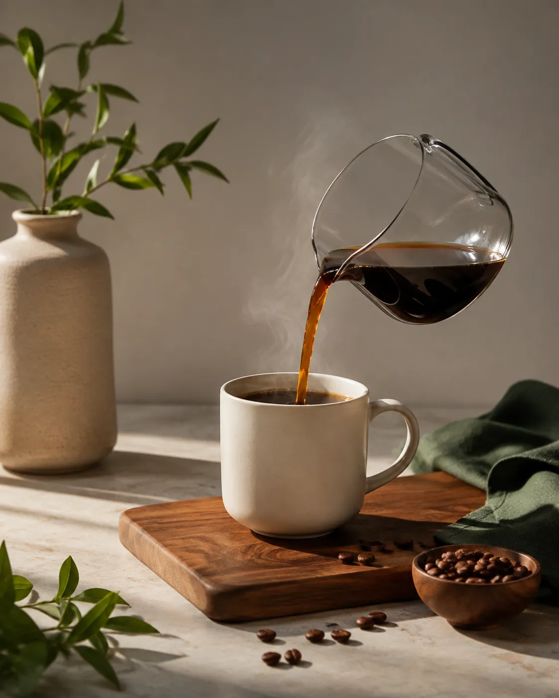 Coffee being poured from a plain glass carafe into a white ceramic mug on a wooden counter, a thin steady stream and light steam rising