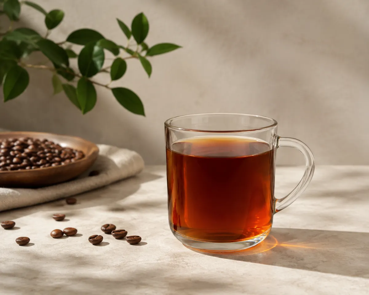 A clear glass mug of drip coffee held against soft daylight, the liquid a bright transparent brown with no sediment and no oily sheen on the surface
