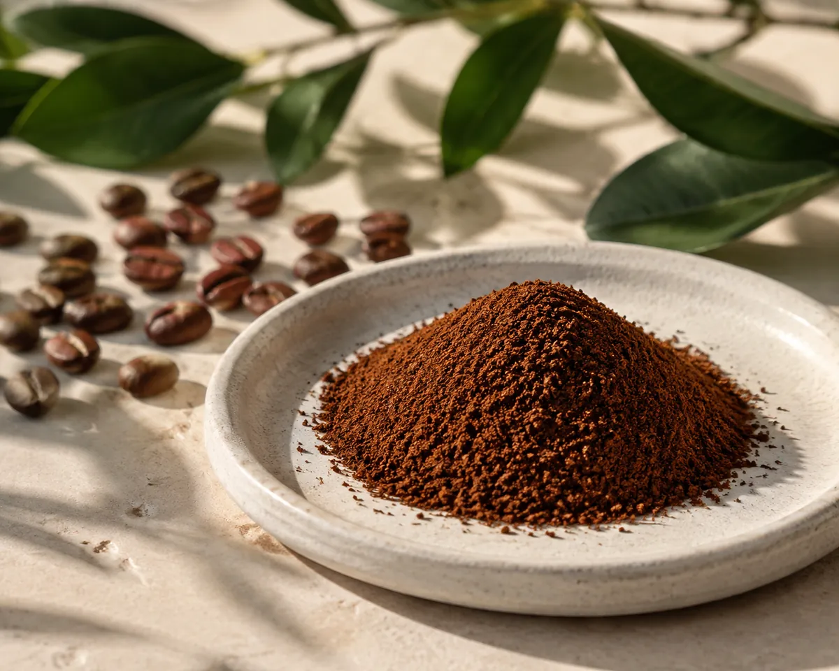 A small heap of medium-ground coffee on a white surface beside a few whole roasted beans, the particles clearly even in size