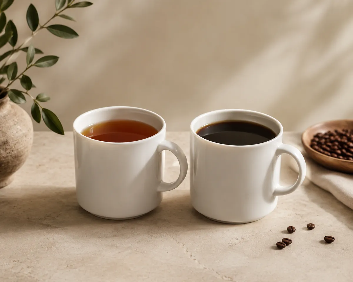 Two identical white mugs of brewed coffee side by side, the left noticeably paler and more transparent than the right