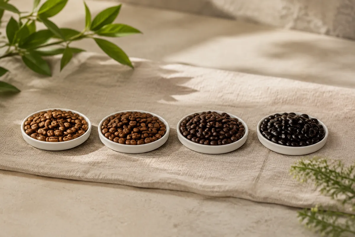 Four small dishes of whole roasted coffee beans in a row, from pale cinnamon brown through to near black and oily