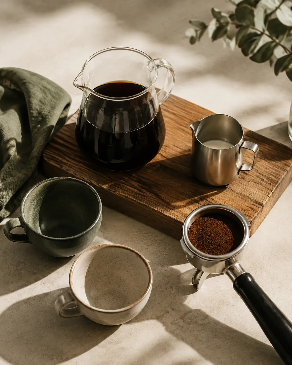 A glass carafe of brewed coffee, a portafilter, a small jug of milk and two empty cups arranged together on a wooden counter