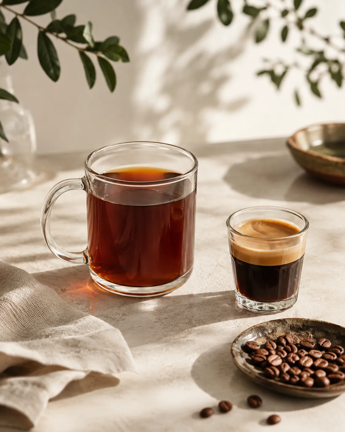 A clear glass mug of transparent brown coffee held against soft daylight beside a small glass of dark espresso with visible crema