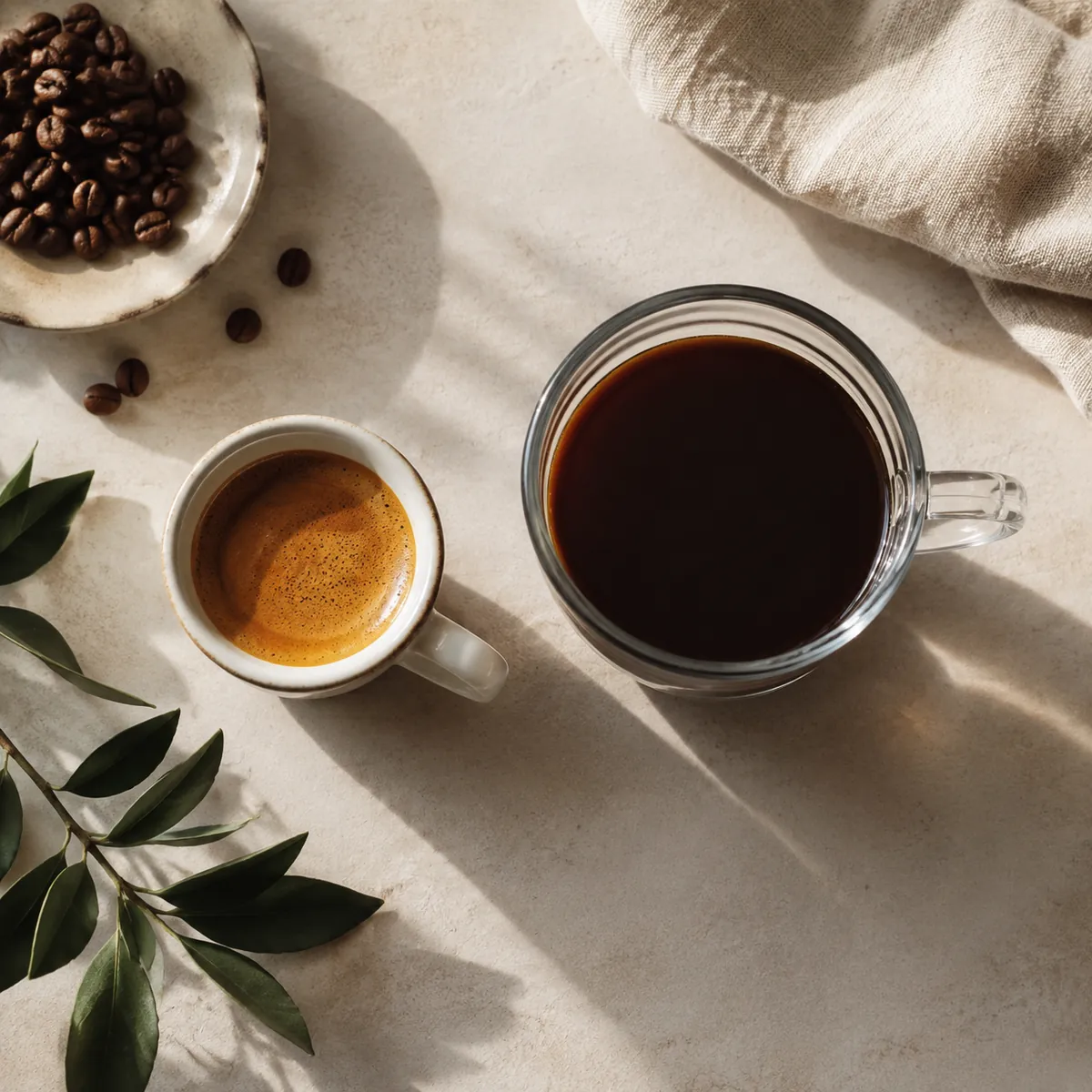 A small cup of espresso seen from directly above with thick mottled hazel crema, beside a clear glass mug of brewed coffee with a plain surface