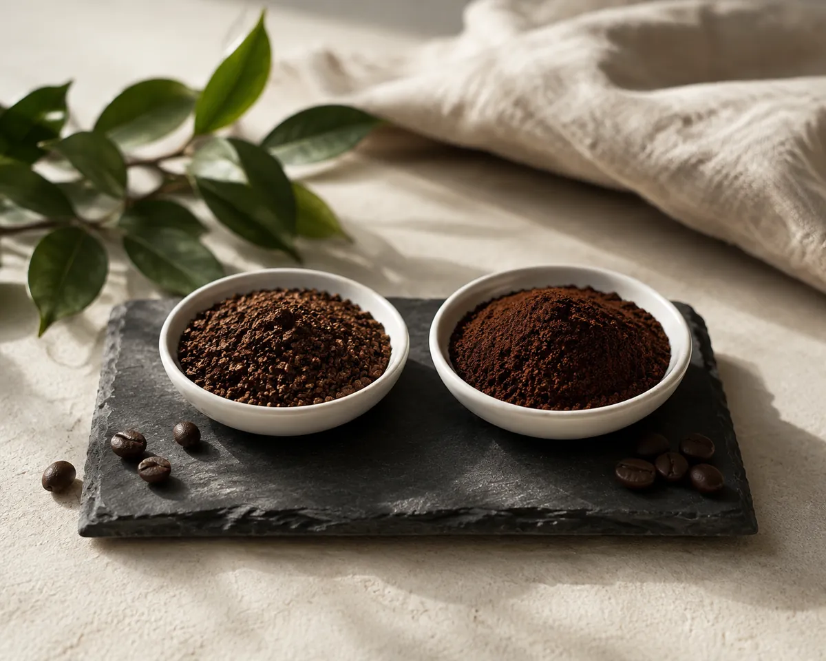 Two small white dishes of ground coffee side by side on slate, the left coarse and granular and the right almost powdery