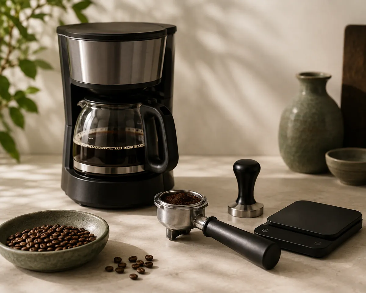 A plain drip coffee maker with a glass carafe standing beside a portafilter, a tamper and a set of small scales on a counter