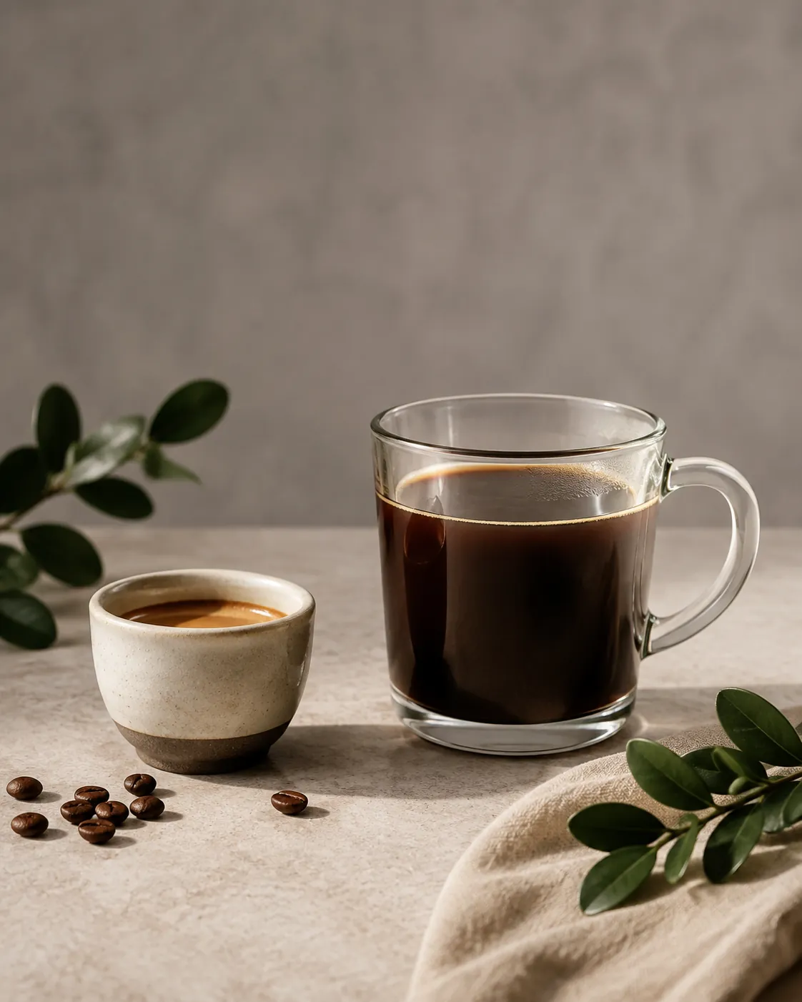 A small espresso cup and a clear glass mug of brewed coffee photographed straight on against a neutral grey background