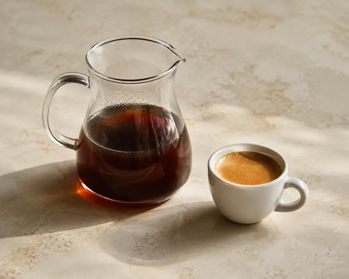A tall glass carafe of clear brewed coffee standing beside a small white cup of espresso with hazel crema on a wooden counter