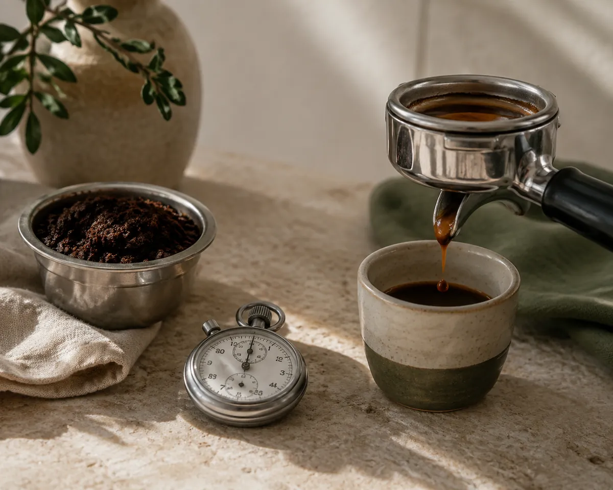 A stopwatch lying between a filter basket of wet grounds and a portafilter dripping into a small cup on a stone bench