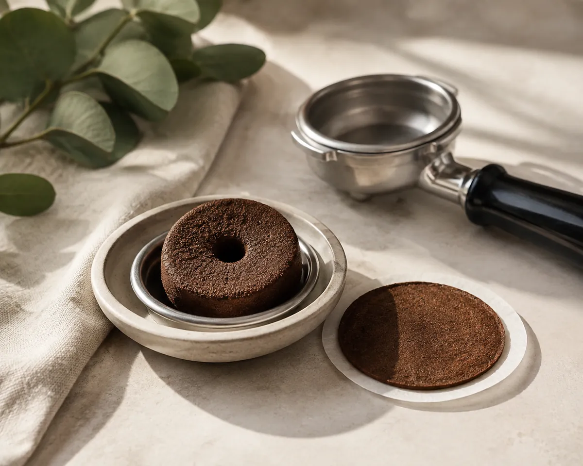 A used espresso puck with a bore hole through its centre resting beside an evenly wetted flat filter bed of grounds