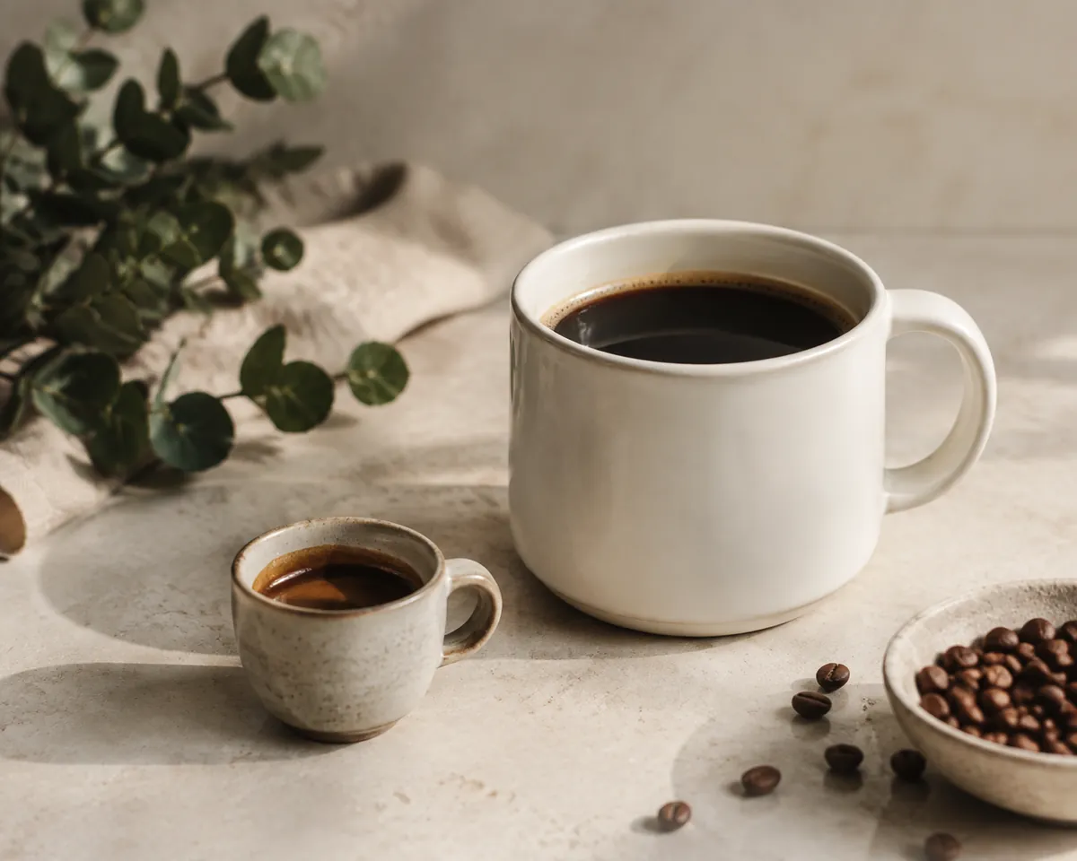 A small espresso cup holding a dark shot standing beside a large white mug of brewed coffee, both on a pale bench