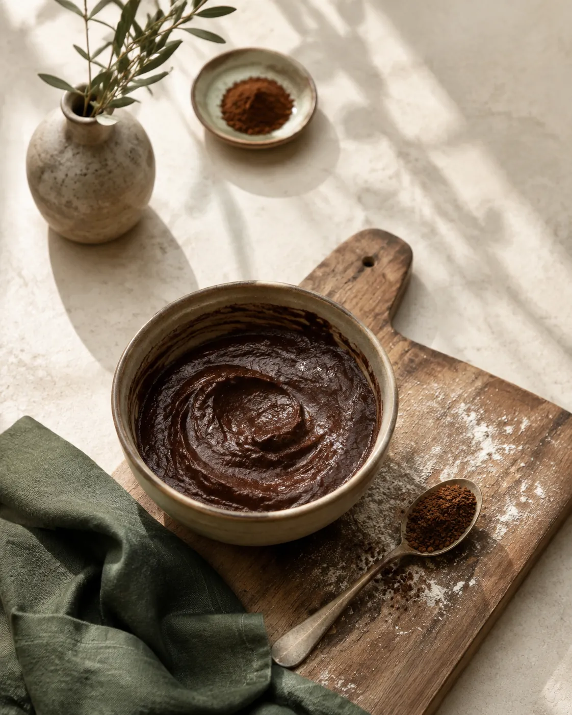 A small bowl of dark cocoa batter with a teaspoon of coffee granules beside it on a floured wooden board