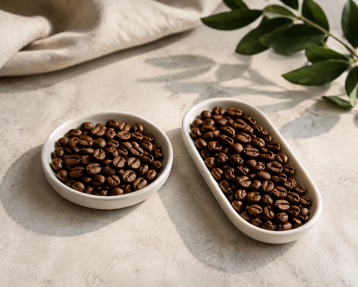 Two small dishes of roasted coffee beans side by side, the left rounder with a straight centre crease and the right longer with an S-shaped crease