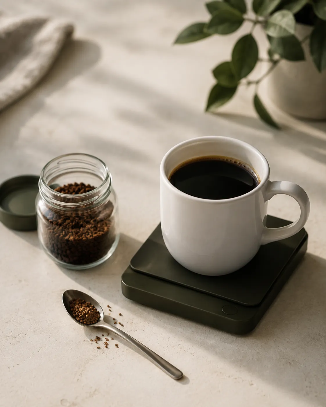 A white mug of black coffee standing on a kitchen scale beside an open jar of granules and a teaspoon