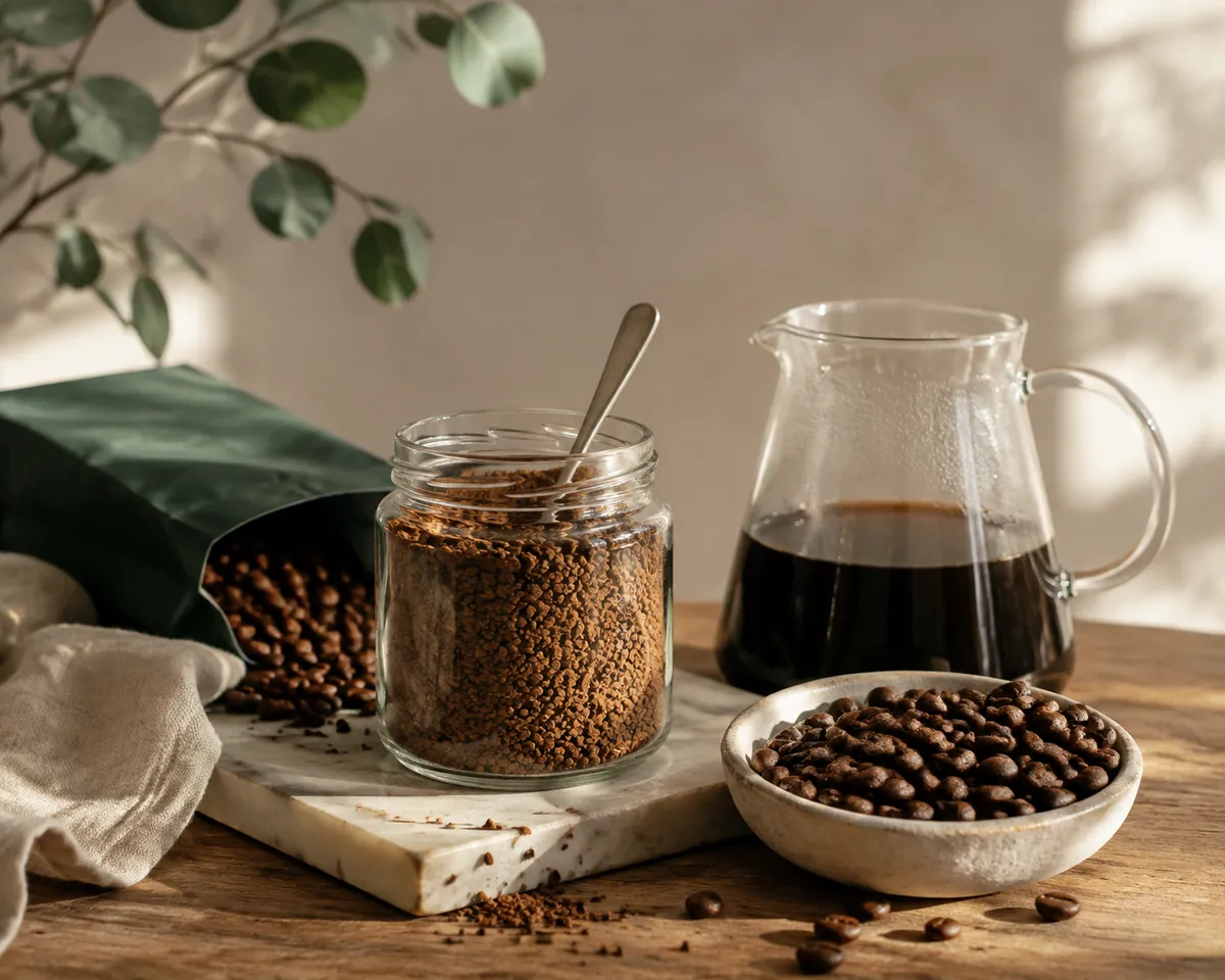 An open jar of coffee granules with a teaspoon, a bag of whole beans and a glass carafe of brewed coffee arranged together on a wooden counter