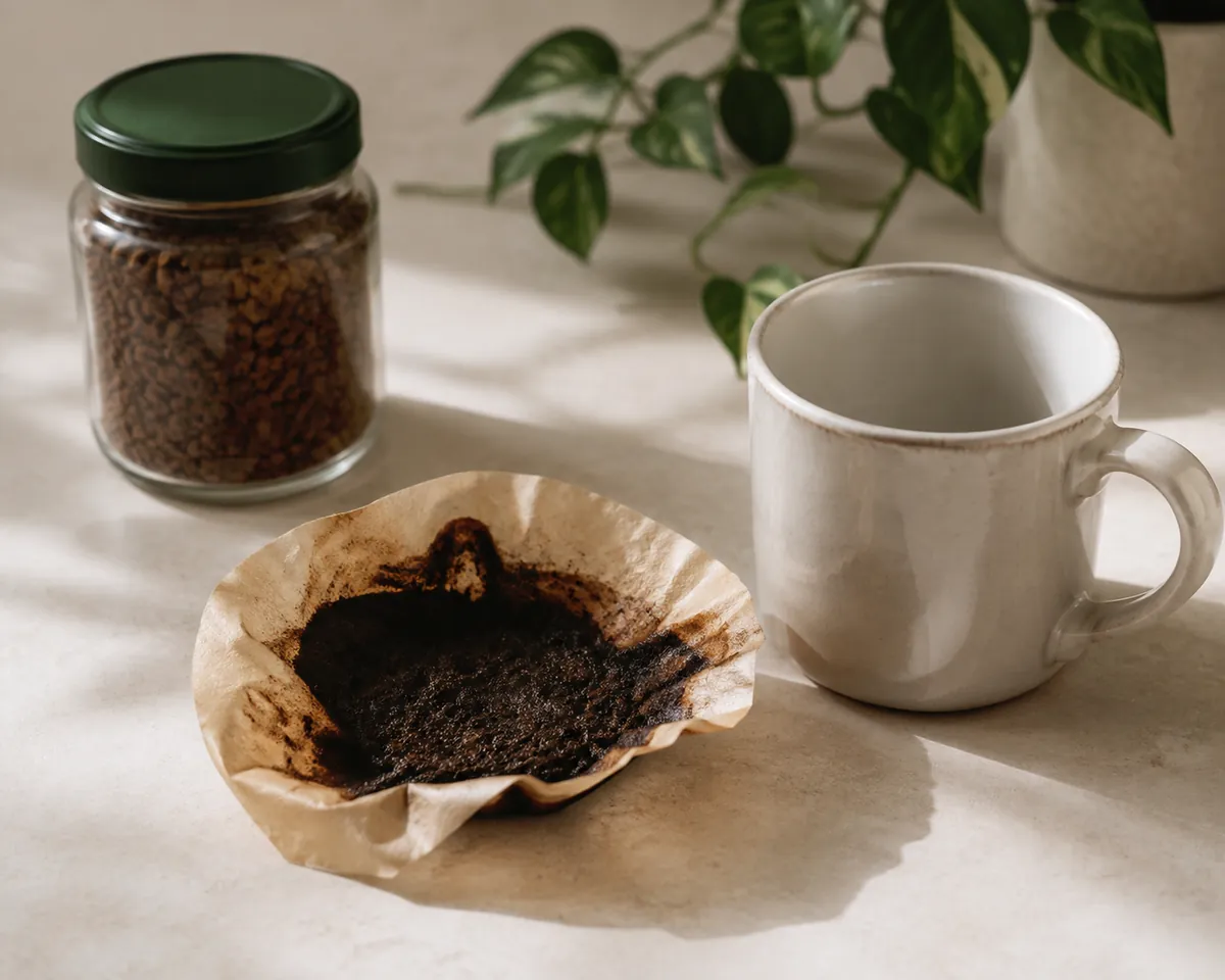 A spent paper filter full of wet coffee grounds lying beside a rinsed mug and a closed jar of granules on a counter
