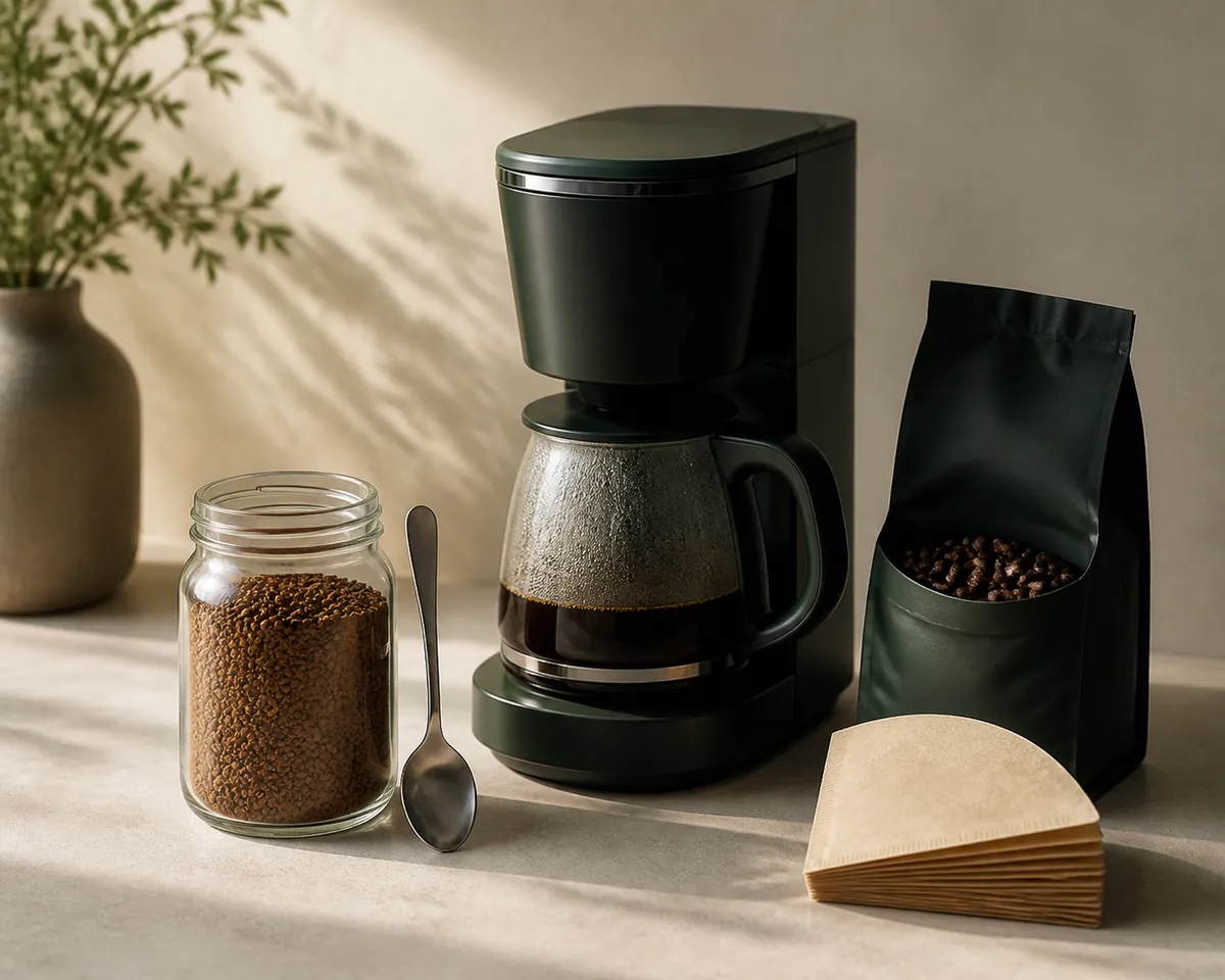 A plain jar of coffee granules and a teaspoon standing beside a drip coffee maker, a bag of beans and a stack of paper filters