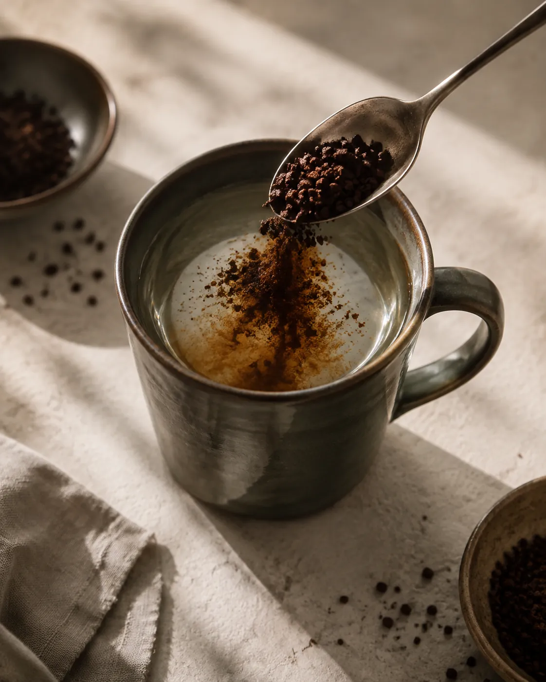 A spoonful of dark coffee granules dissolving in a mug of hot water, a plume of colour spreading through the clear liquid