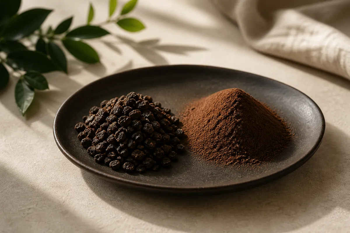 Two heaps on a dark dish, irregular glassy freeze-dried granules on the left and fine uniform spray-dried powder on the right