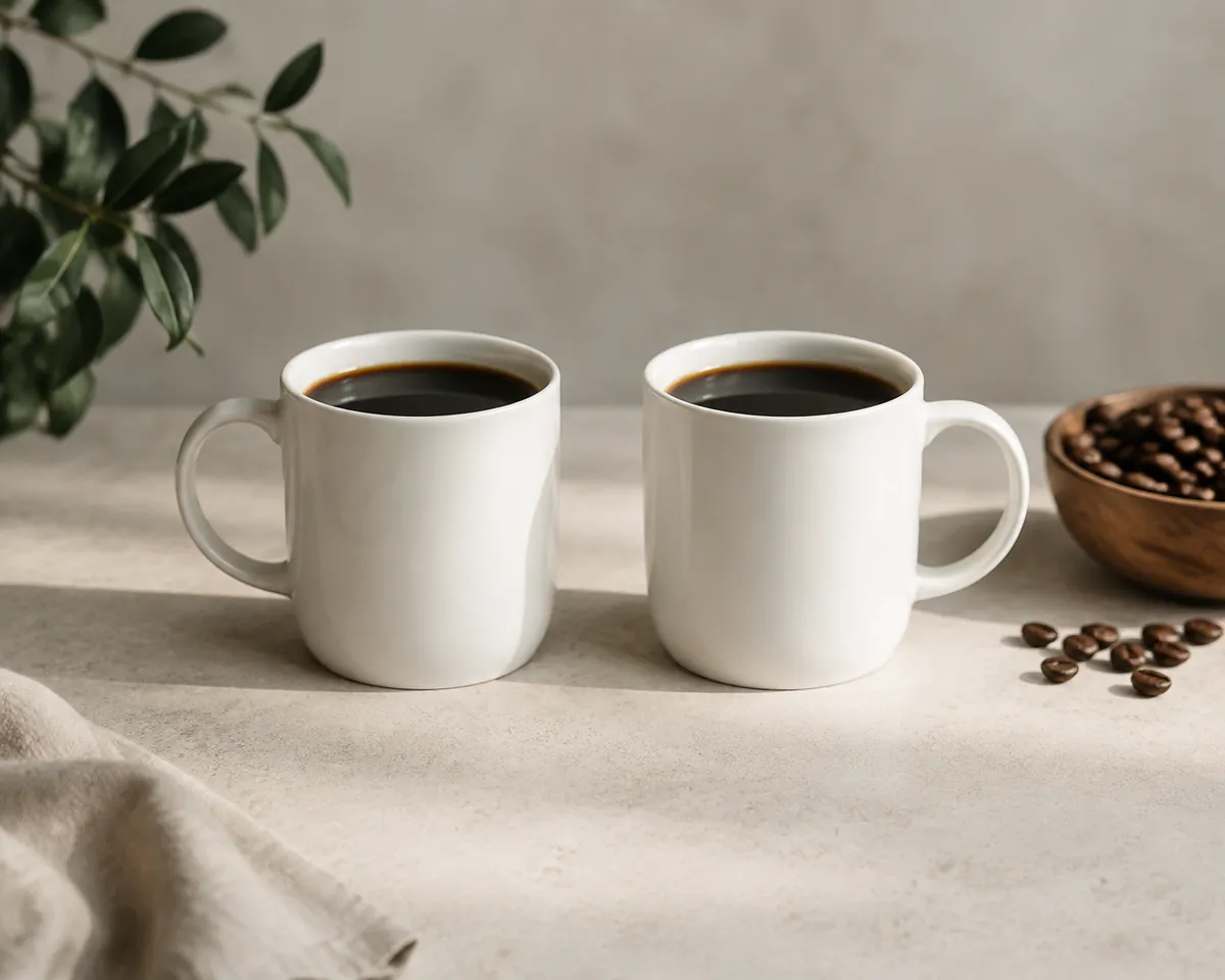 Two identical white mugs of black coffee photographed straight on against a neutral grey background, matched in fill level