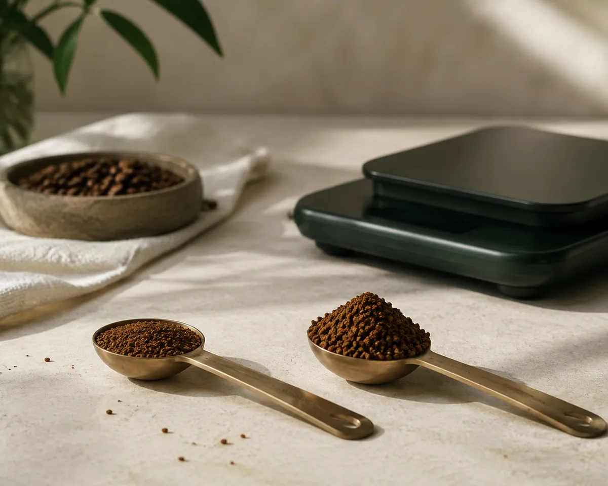 A level teaspoon of coffee granules beside a heaped one on a pale bench, with a small digital scale behind them