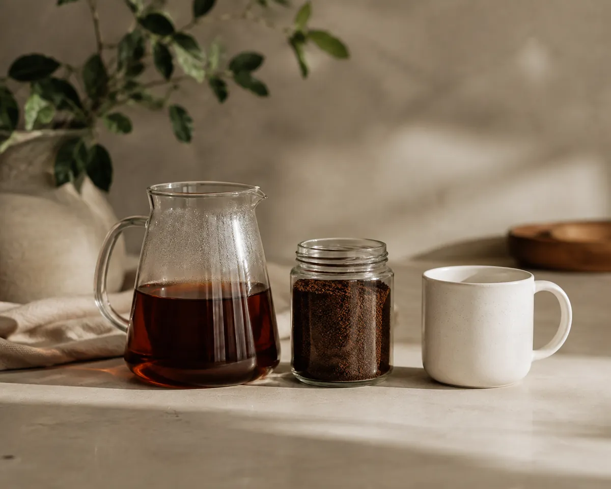 A glass carafe of clear brewed coffee standing beside an open jar of dark coffee granules and a white mug on a wooden counter