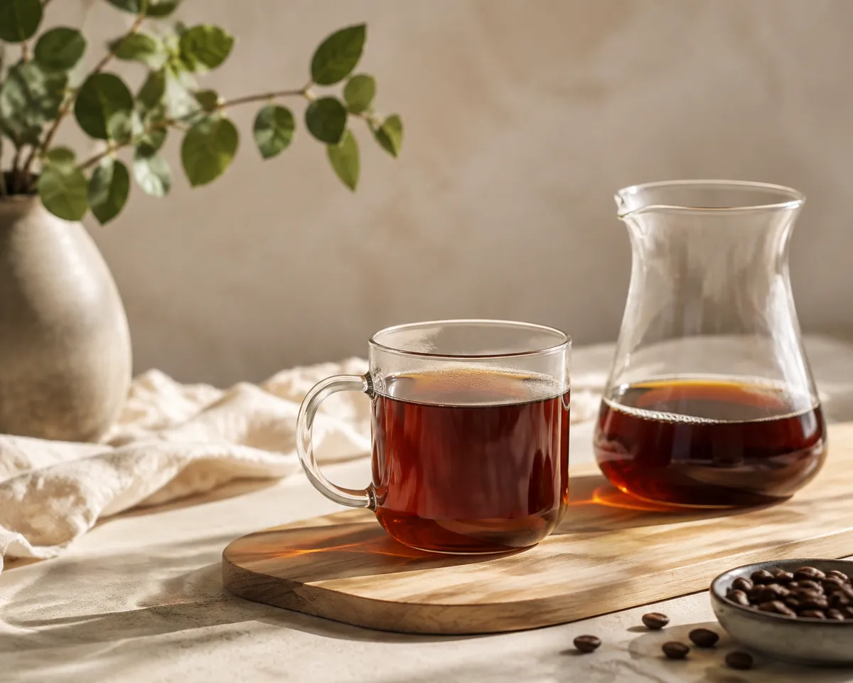 A clear glass mug of drip coffee held to the light, showing a bright brown liquid with no sediment