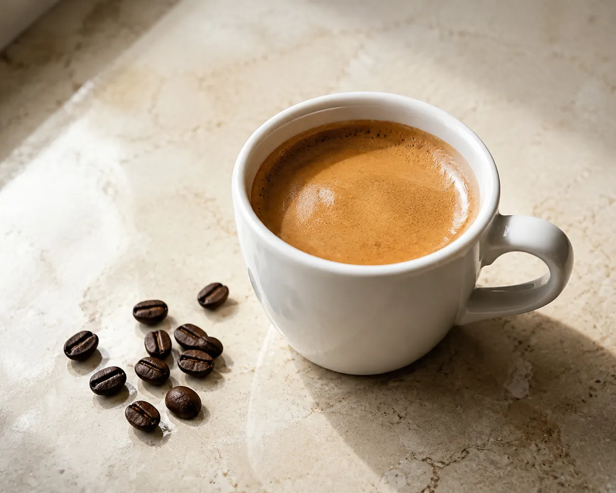 A small cup of espresso with a thick hazel crema on a pale stone surface