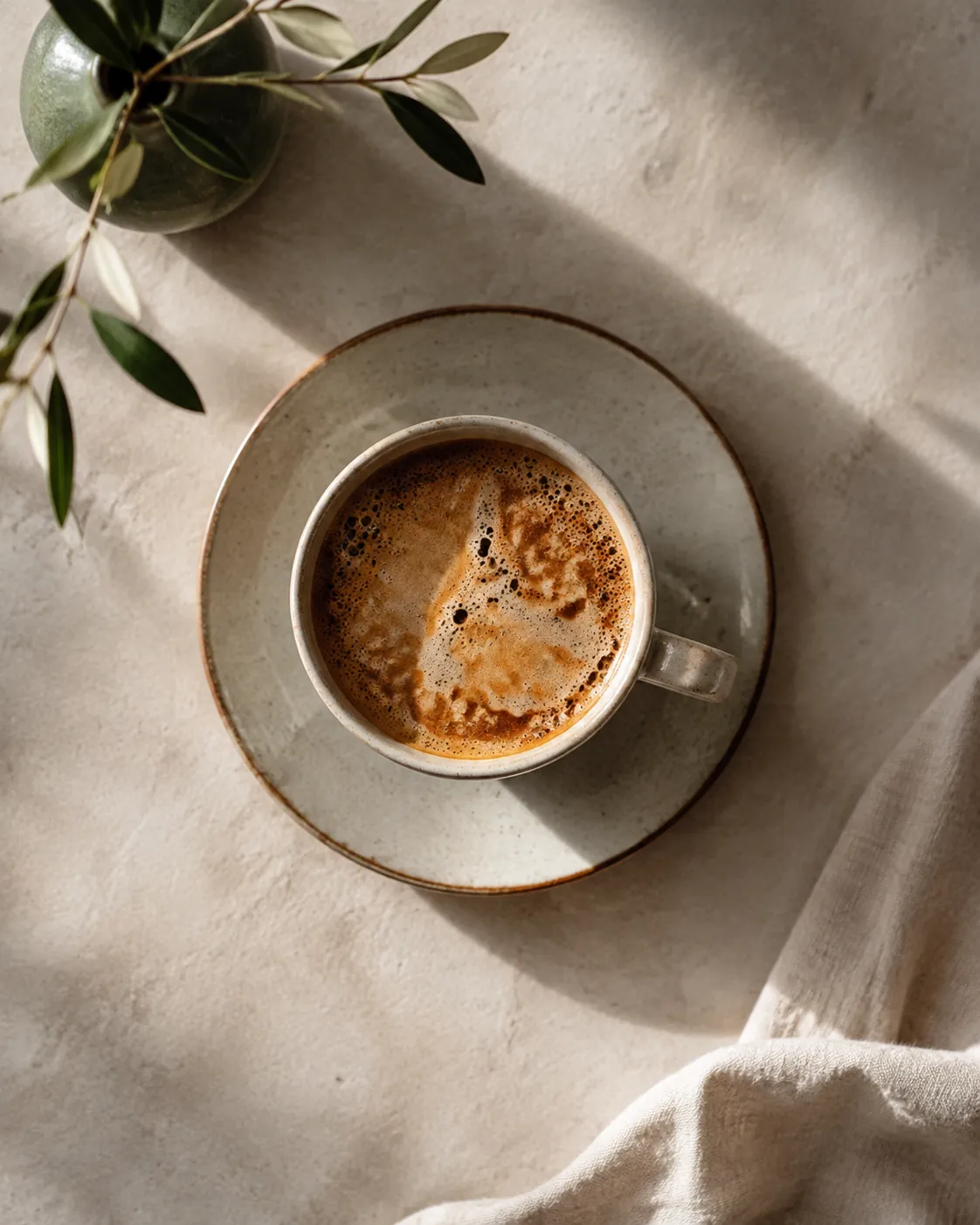 A flat white seen from above with a pockmarked bubbly surface and a broken uneven pattern