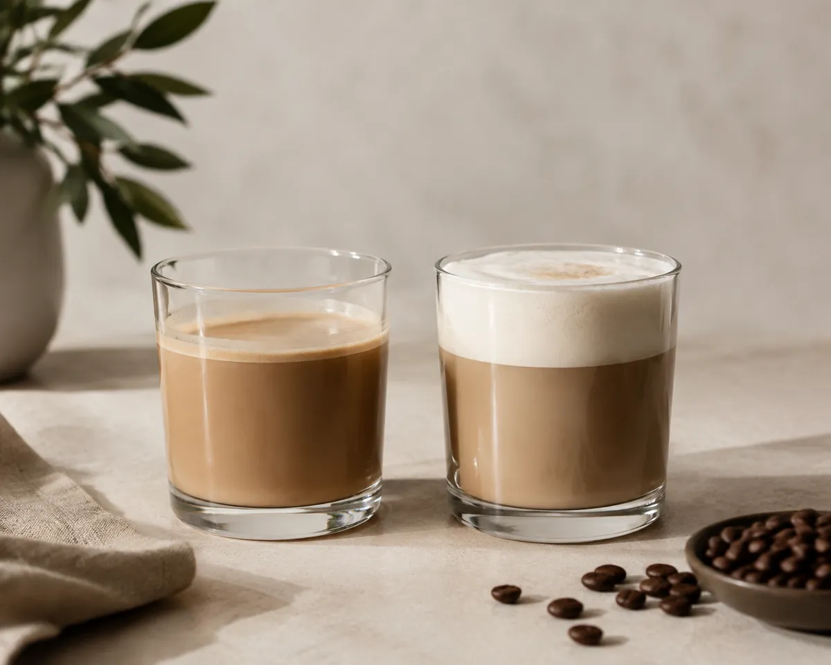 Two clear glasses side by side, the left with a thin few-millimetre band of foam over dense milk coffee and the right with a thick two-centimetre cap