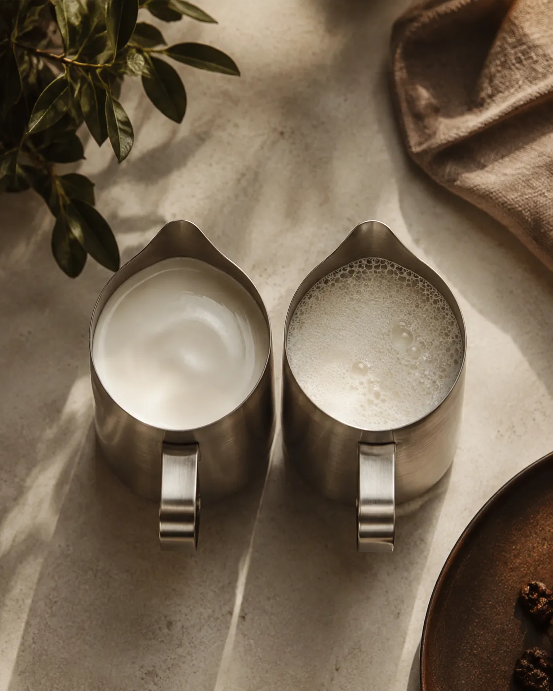 Two steel milk jugs seen from above, the left holding milk with a smooth glossy surface and the right holding milk covered in coarse visible bubbles
