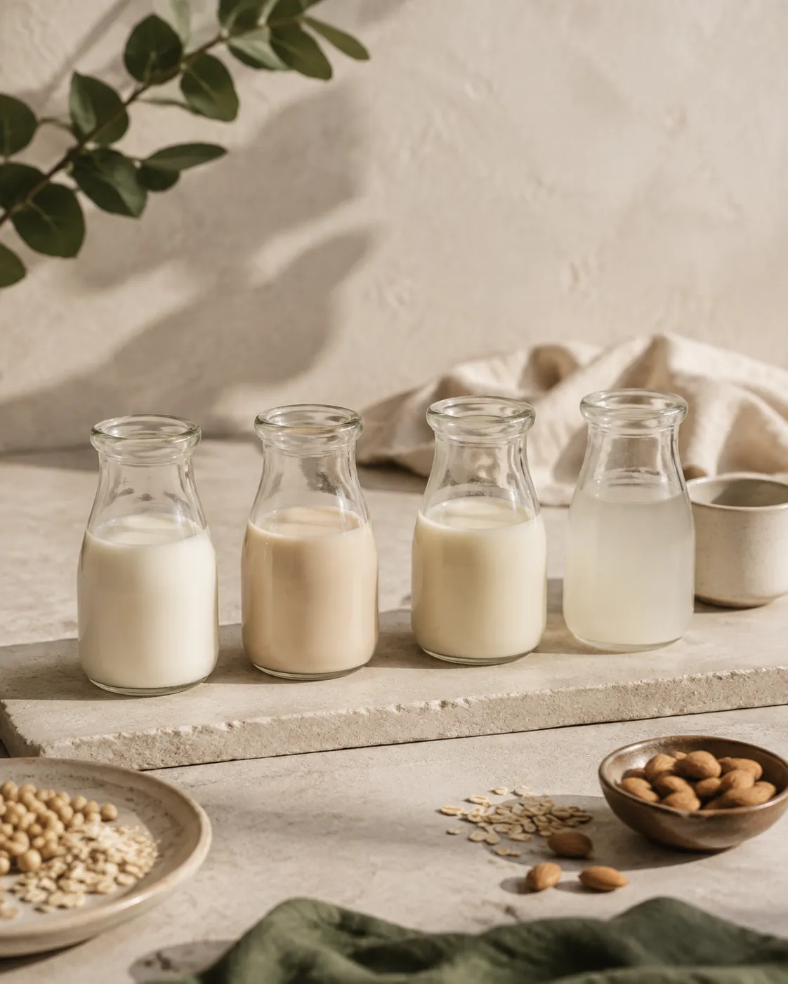 Four small unlabelled glass jugs of milk in a row, from creamy whole dairy through beige oat and soy to thin pale almond