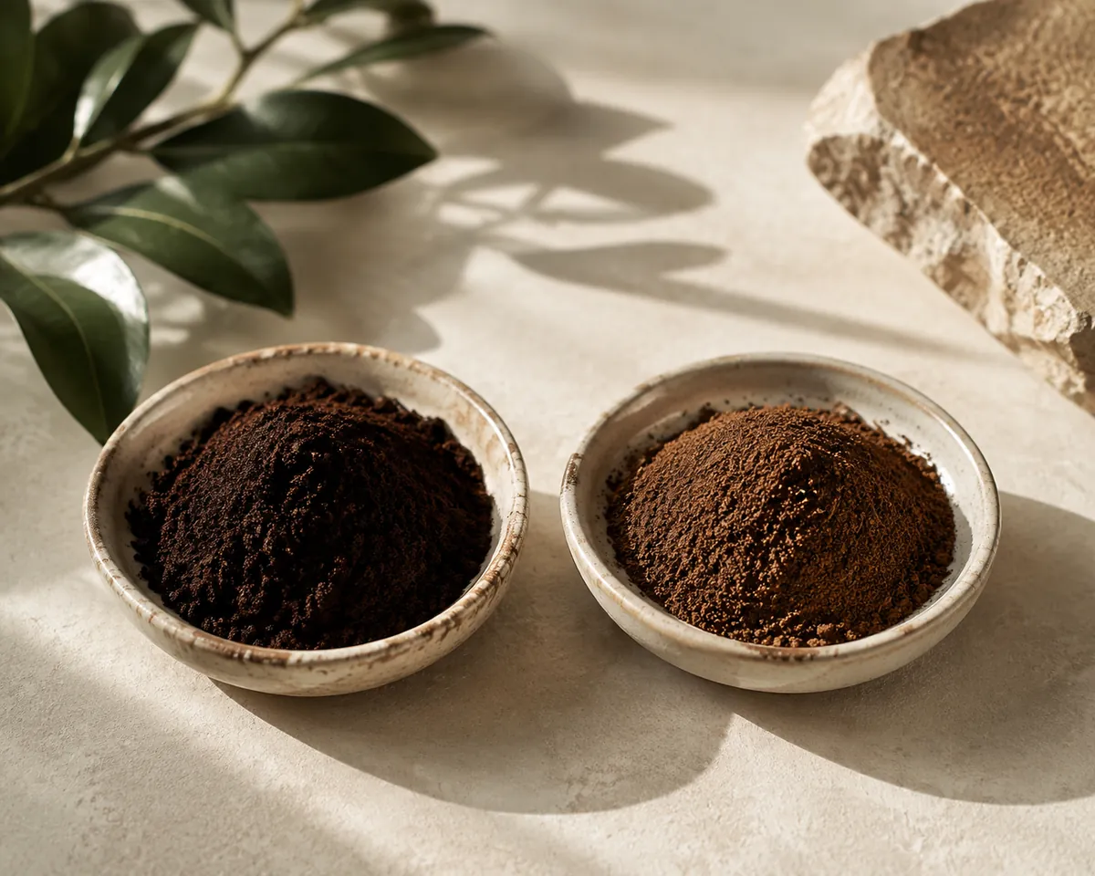 Two dishes of ground coffee, the left noticeably darker and oilier than the right