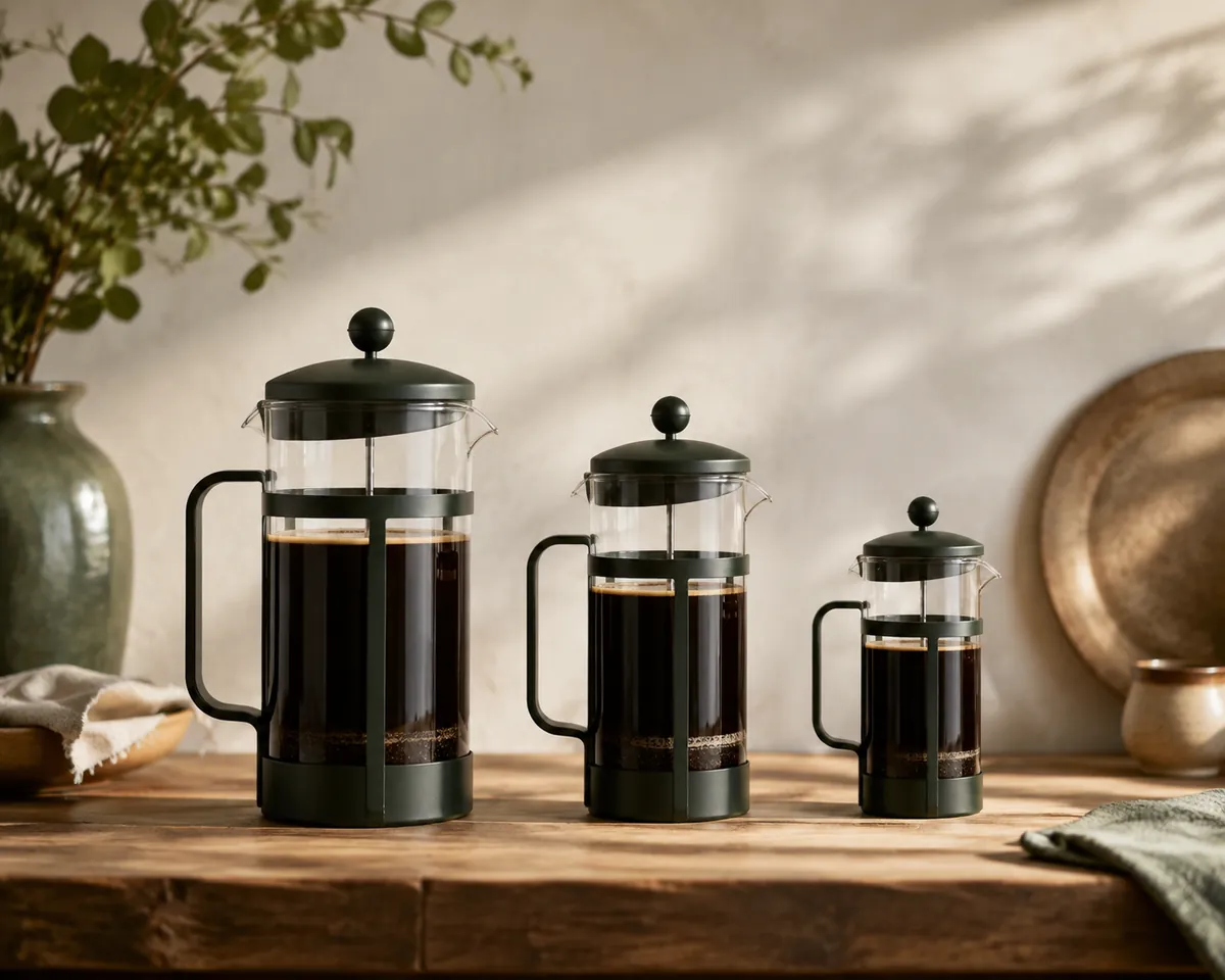 Three French presses of different sizes standing in a row, all filled to the same relative level
