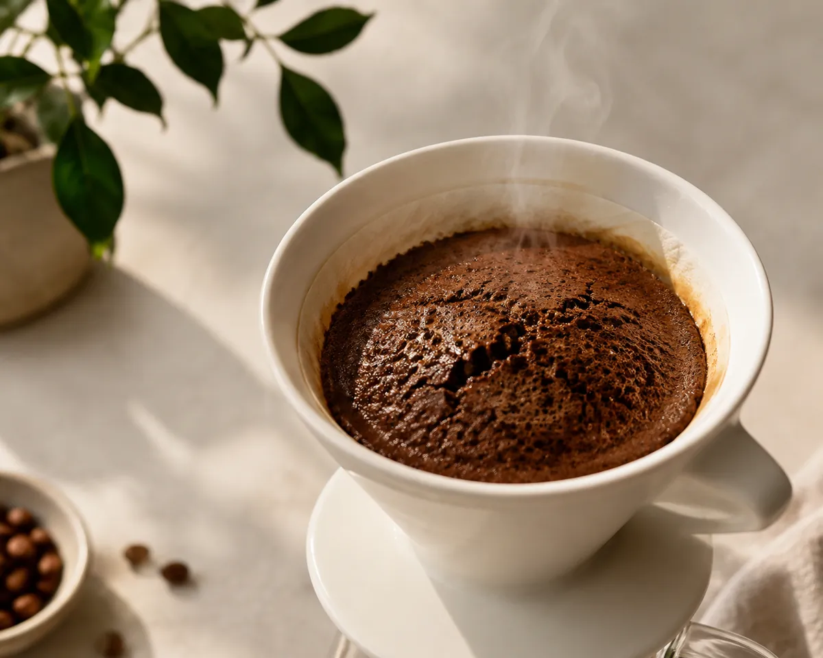 Freshly ground coffee swelling and cracking under water in a filter cone during the bloom