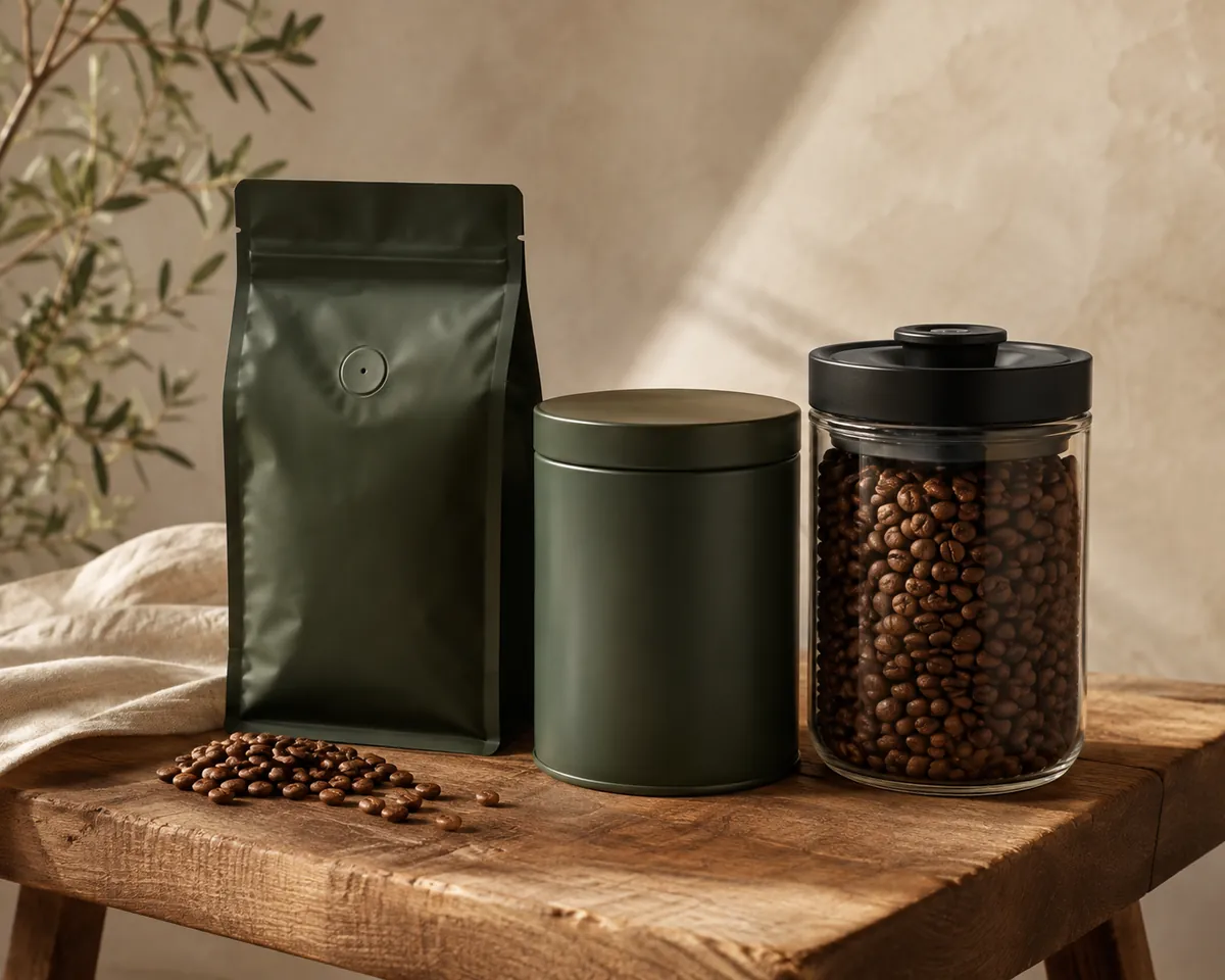 A valve bag, an opaque canister and a vacuum canister standing together with beans beside them