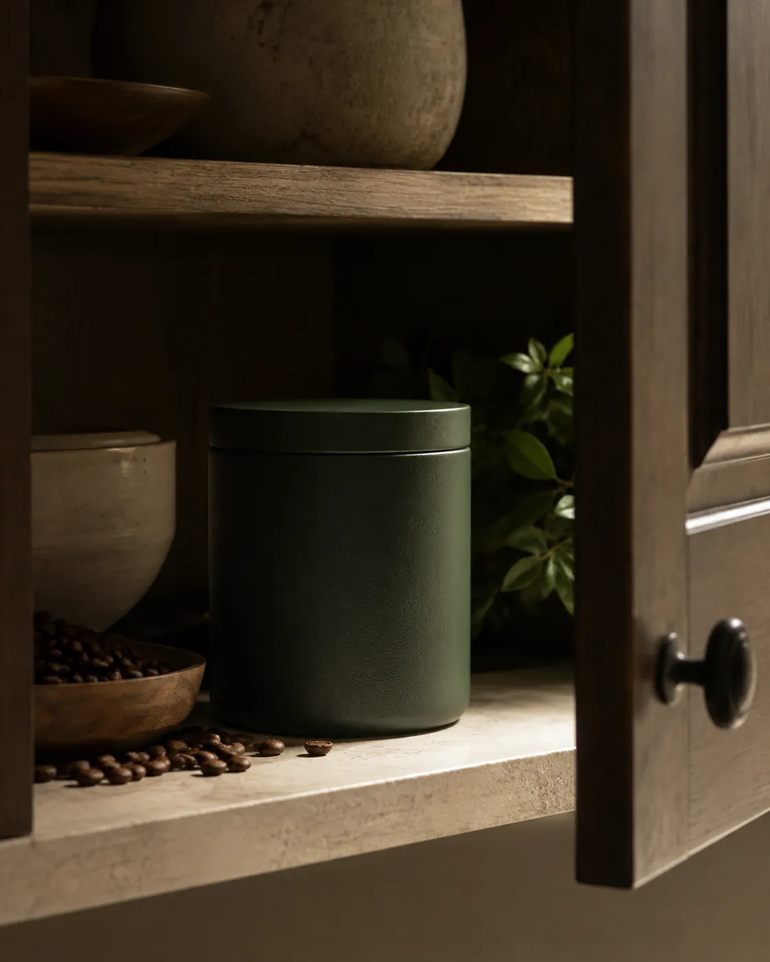 A sealed opaque canister of beans standing in a dim cupboard away from the light