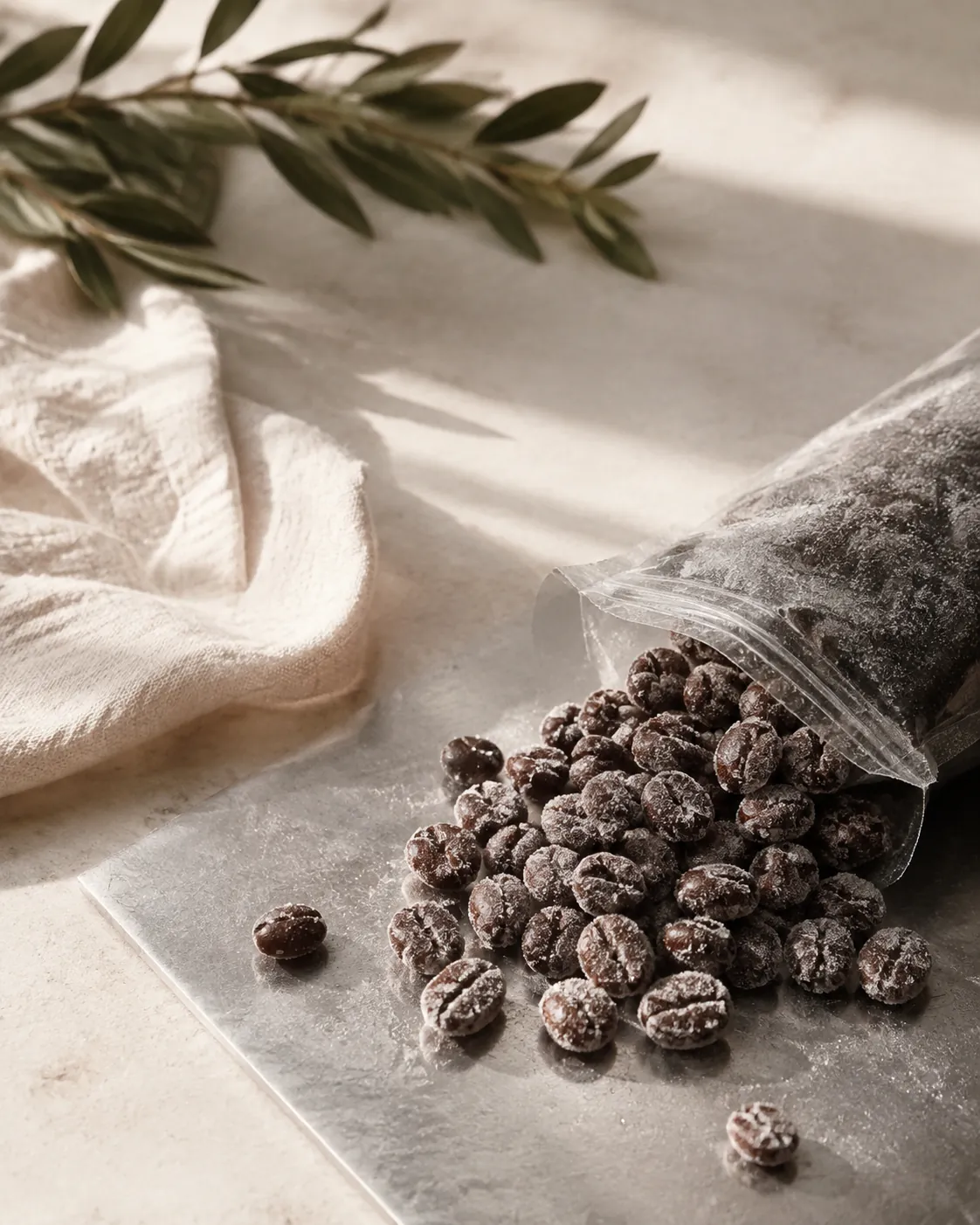 Frost-covered coffee beans tipped from a small sealed bag onto a cold surface