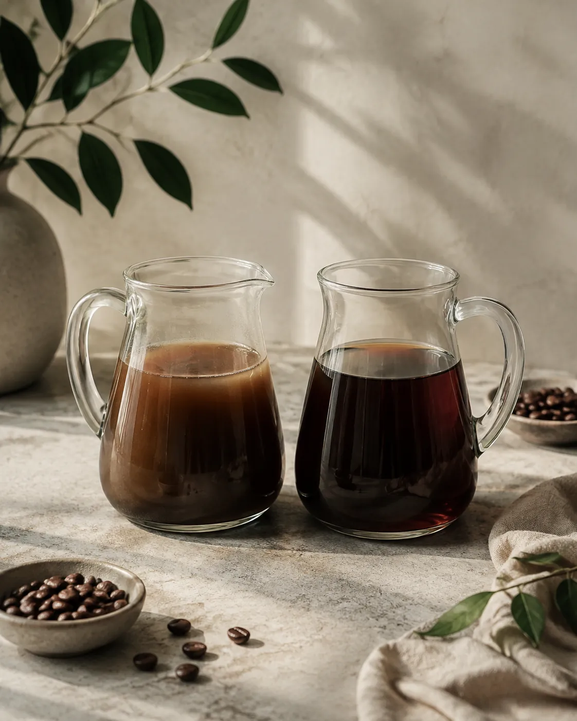 Two glass jugs side by side, the chilled one on the left cloudy and dull, the freshly brewed one on the right clear and bright