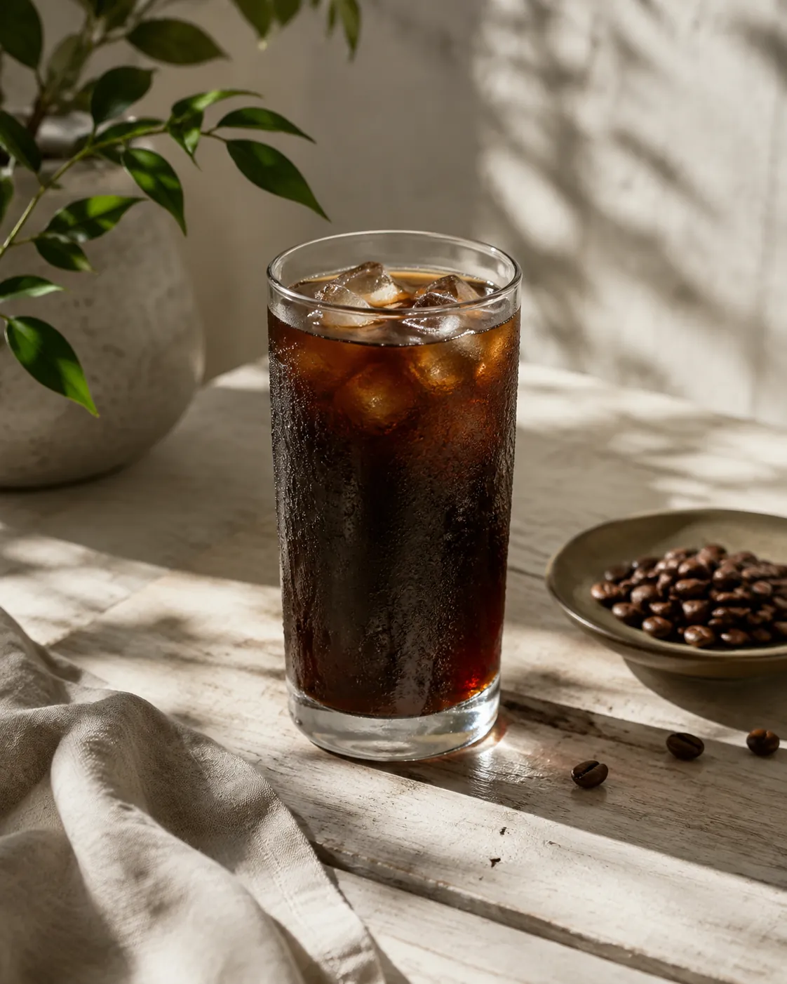 A tall glass of black iced coffee beaded with condensation on a pale wooden table in soft daylight