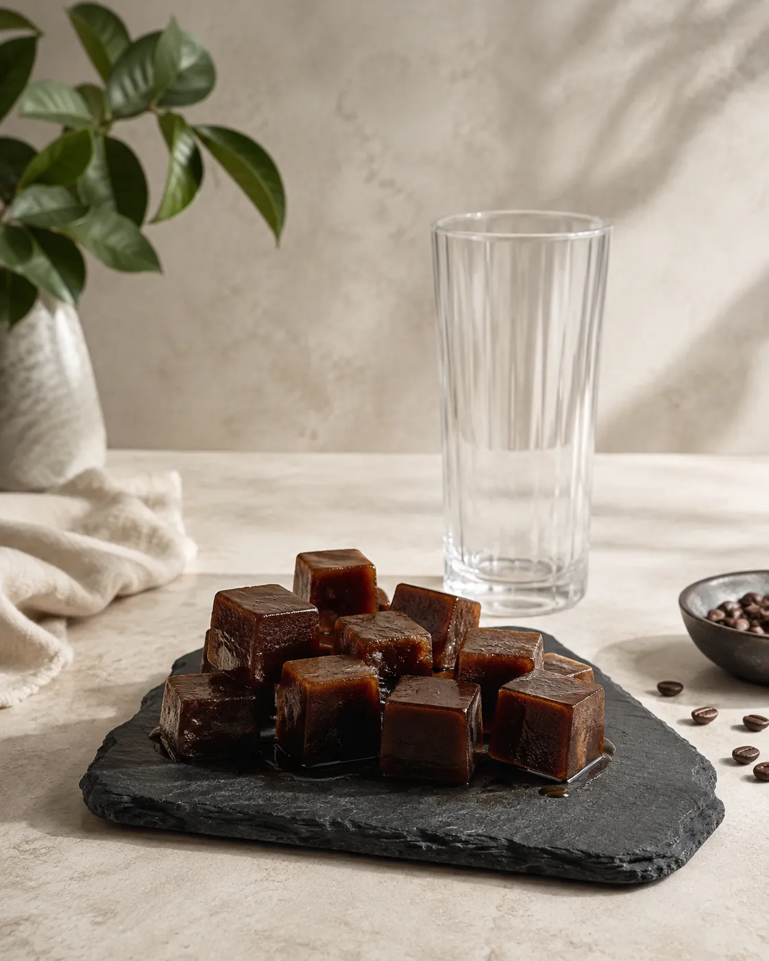 A silicone tray of dark frozen coffee cubes turned out onto a slate board beside an empty glass