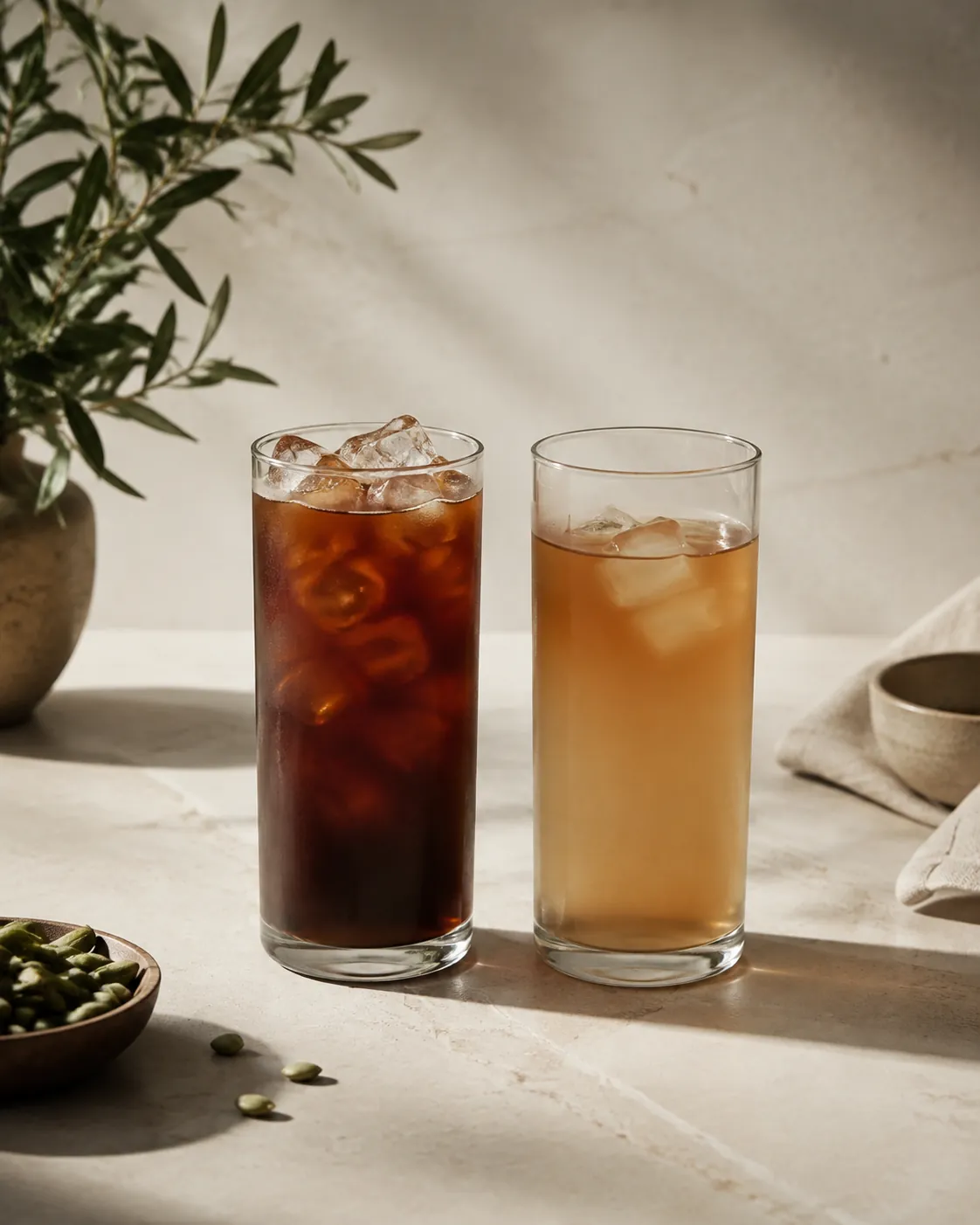 Two identical tall glasses of iced coffee side by side, the left dark and full of cubes, the right pale and watery with two half-melted cubes