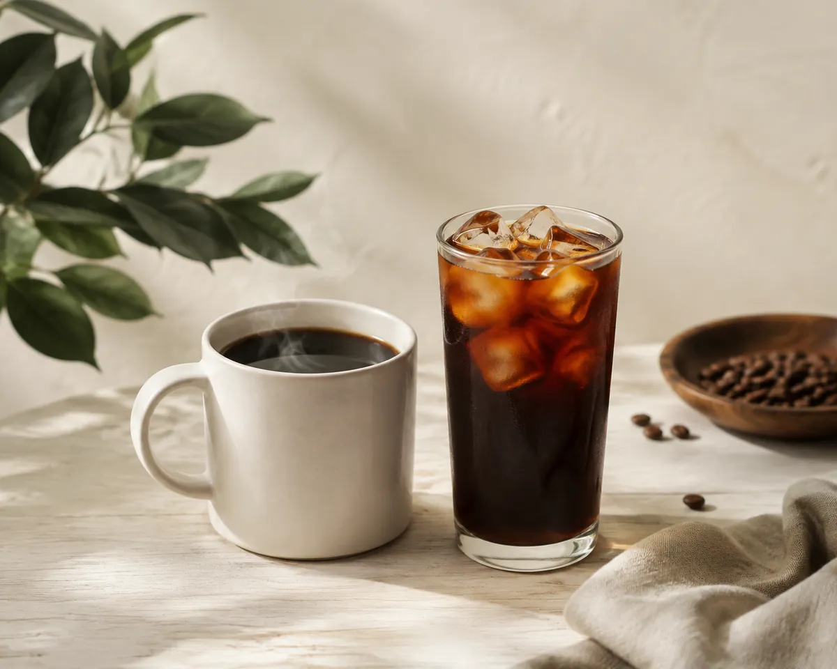 A white mug of steaming black coffee standing beside a tall glass of the same coffee poured over clear ice cubes