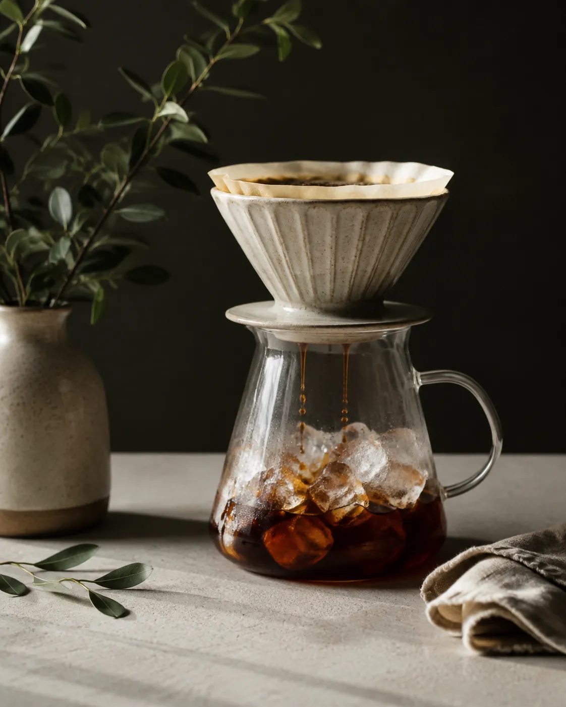 A pour-over dripper sitting on a glass carafe half filled with clear ice cubes, coffee running down onto them