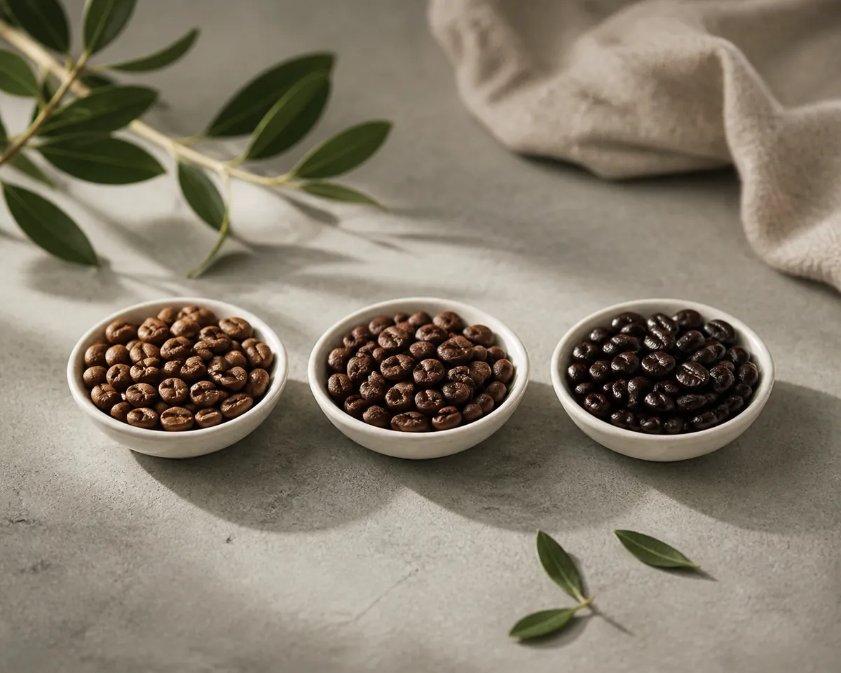Three small white dishes of whole roasted coffee beans in a row, pale cinnamon brown, mid brown and almost black